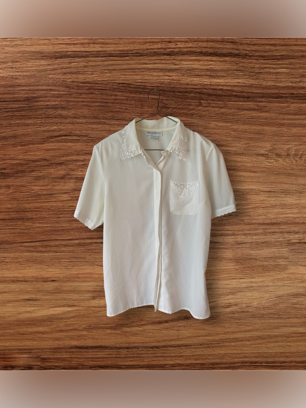 Vintage PRINCIPLES Women's White Blouse Lace Trim Pocket Size 12 Cottagecore